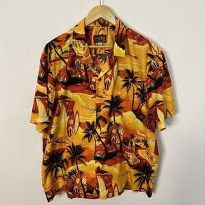 Hawaiian Shirt Men XL Aloha Moi Mens Orange Yellow Surf Vintage Cars Water